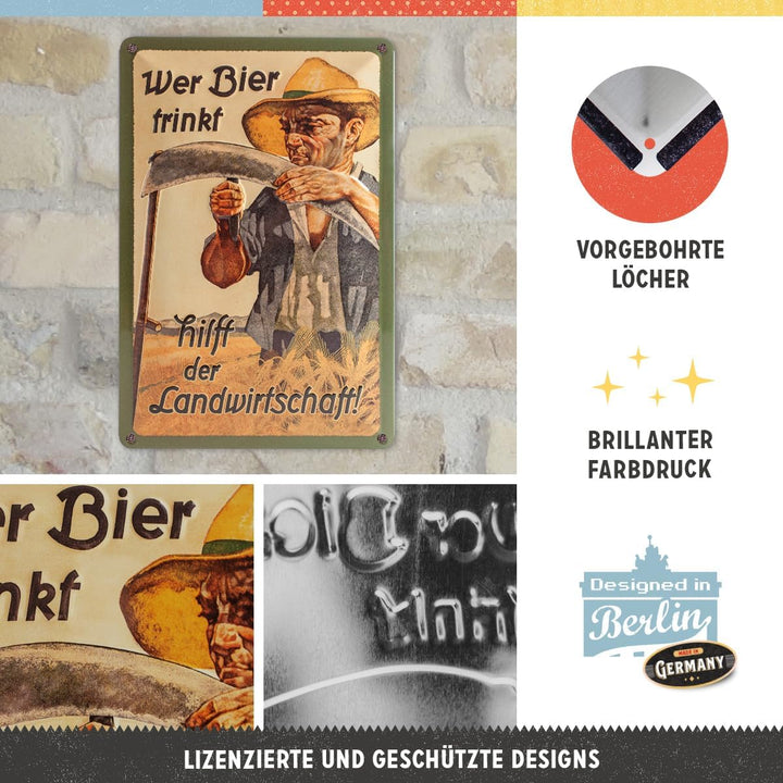 Nostalgic-Art Retro Blechschild, Wer Bier trinkt hilft der Landwirtschaft – Geschenk-Idee als Bar-Zu