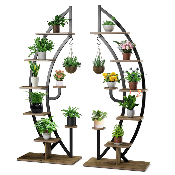 HOMASIS 6 Ebenen Blumenständer aus Metall, Pflanzenregal mit 7 Ablagen & 1 Haken, elegante Halbmondf