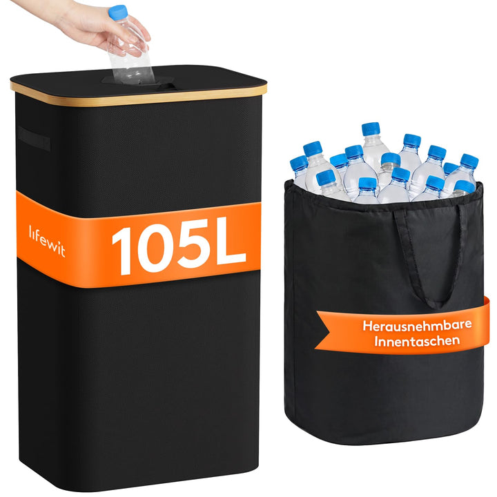 Lifewit Pfandflaschen Sammelbehälter mit Deckel, 100L Bambus Gross Leergut Sammelbehälte, Altglas Au