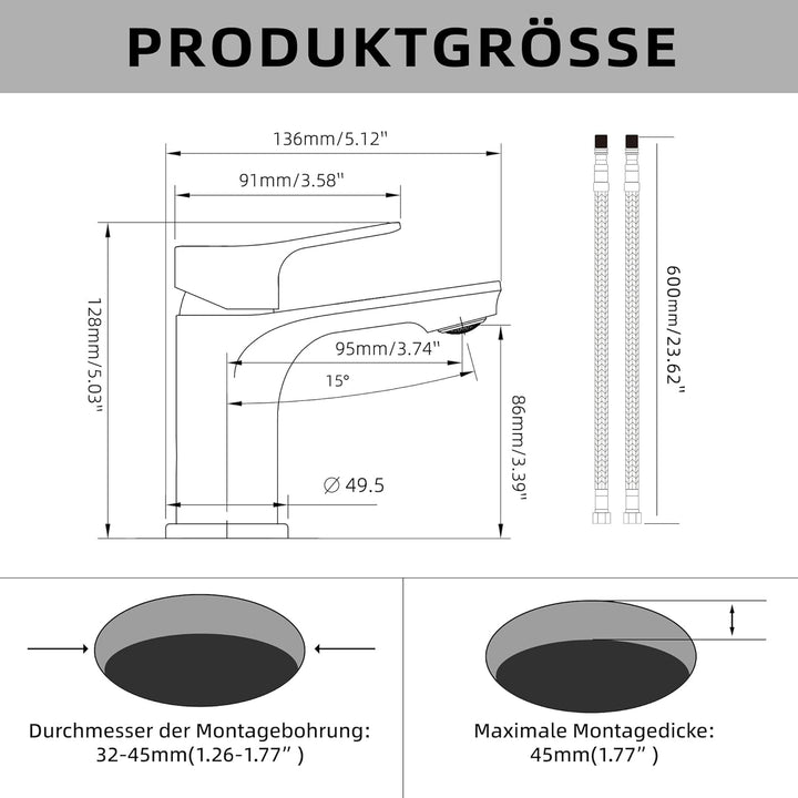 BELZ Wasserhahn Bad, Einhebel-badarmatur, Armatur Badezimmer, Mischbatterie Bad, Höhe 86 mm, Energie