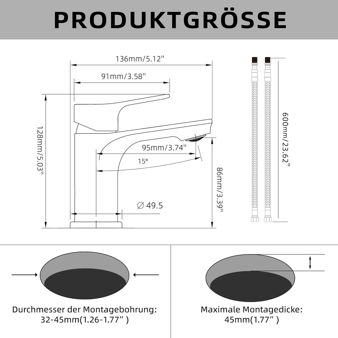 BELZ Wasserhahn Bad, Einhebel-badarmatur, Armatur Badezimmer, Mischbatterie Bad, Höhe 86 mm, Energie