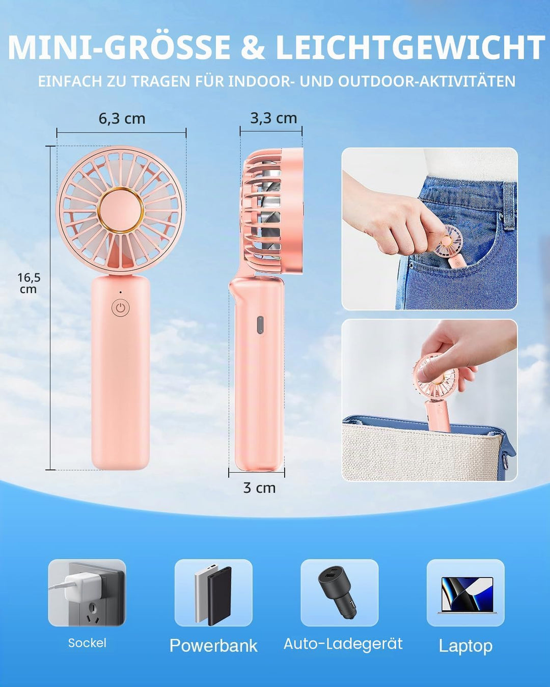 Tragbarer Handventilator, Mini-Schreibtischventilator Faltbar 1800mAh, 180° Rotation, 3 Geschwindigk