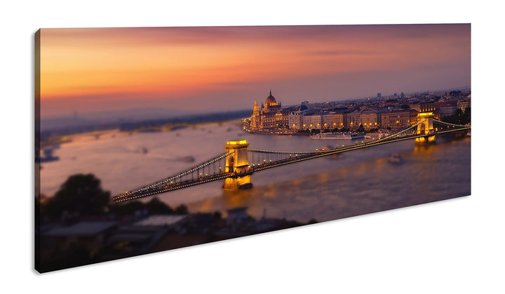 Budapest bei Abenddämmerung Panorama 60x30 cm als Leinwandbild, Motiv fertig gerahmt auf Echtholzrah