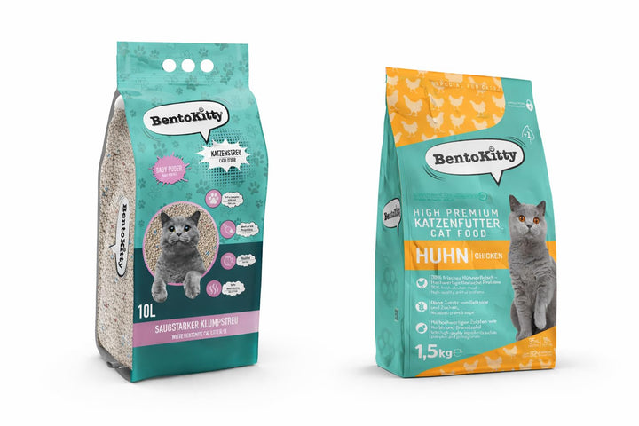 Katzenstreu 10L Babypuder + Katzenfutter Huhn 1,5kg – Klumpstreu aus Bentonit, saugstark & geruchsbi