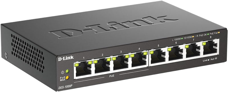 D-Link DGS-1008P, 8-Port Unmanaged PoE+ Gigabit Switch (8 Anschlüsse mit 10/100/1000 Mbit/s, 4 davon