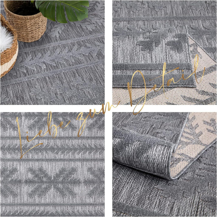 payé Teppich Wohnzimmer - 280x380cm Anthrazit - Ethno Optik - Teppiche für Balkon Terrasse Garten -