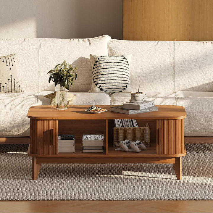 YOUDENOVA Couchtisch Holz mit Stauraum,Modern Wohnzimmertisch mit Schiebetüren im Tambour-Design,Bei