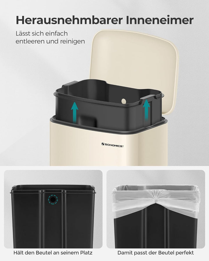 SONGMICS Mülleimer, 30 Liter Abfalleimer, Treteimer aus Stahl, mit Inneneimer und Deckel, Softclose,