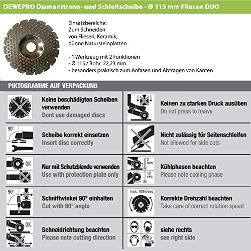 DEWEPRO® Diamanttrenn- und Schleifscheibe - Ø 115 mm Fliesen DUO - Diamantscheibe mit 2 Funktionen