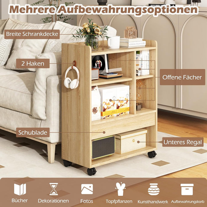 GOPLUS mobiler Aktenschrank, Rollcontainer mit Schublade, offenen Ablagen & Haken, Büroschrank Büroc