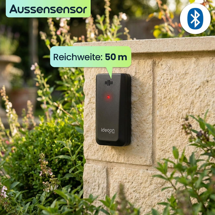 ideoon WLAN Wetterstation mit App & XXL Display: Tuya Smart Home, Aussen-Sensor, Weck-Alarm - Temper