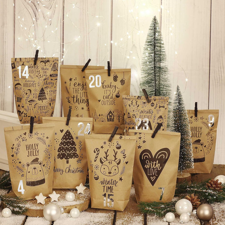 Papierdrachen Adventskalender 2025 zum Befüllen - 24 braune Geschenktüten mit Zahlenaufklebern - Kin