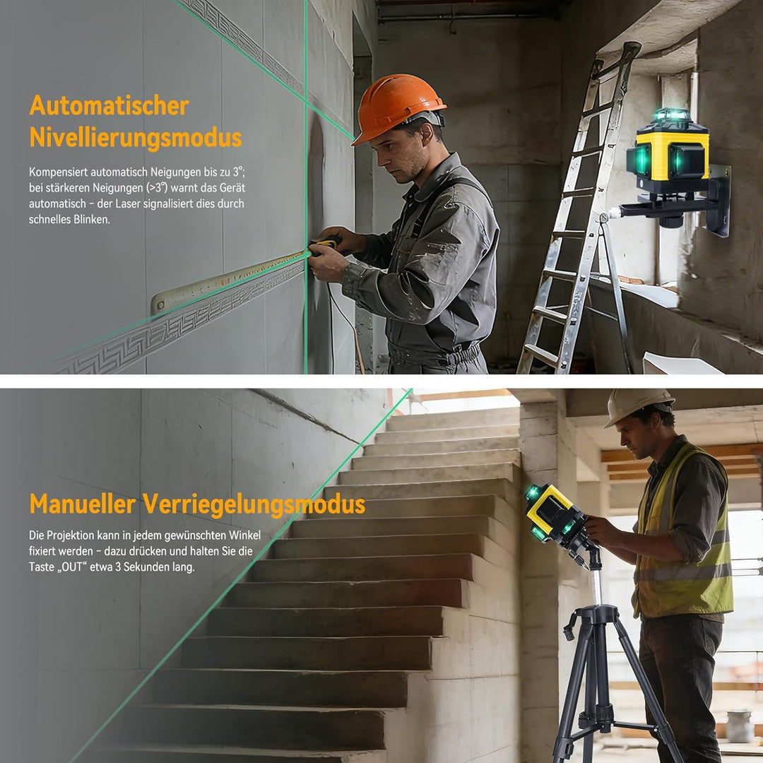 Laser Wasserwaage Kreuzlinienlaser wmit Stativ – Selbstnivellierender Rotationslaser 16 Linien 360°,