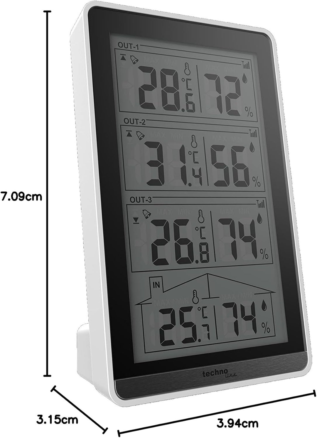 Technoline WS 7060 Temperaturstation, inkl. 3 Sensoren, weiss/schwarz, 8.2 x 4.1 x 13.4 cm, 8.2x4.1x