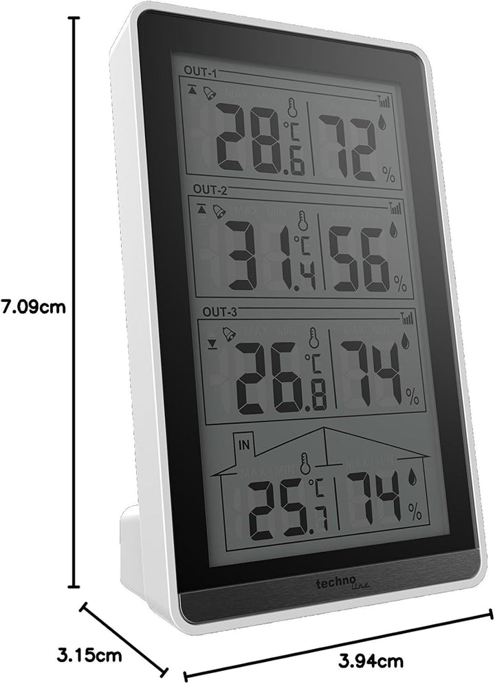 Technoline WS 7060 Temperaturstation, inkl. 3 Sensoren, weiss/schwarz, 8.2 x 4.1 x 13.4 cm, 8.2x4.1x