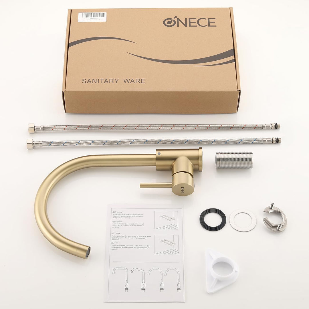 ONECE Gold matt Küchenarmatur mit 360° drehbar Auslauf, Hochdruck Wasserhahn Küche Spültischarmatur