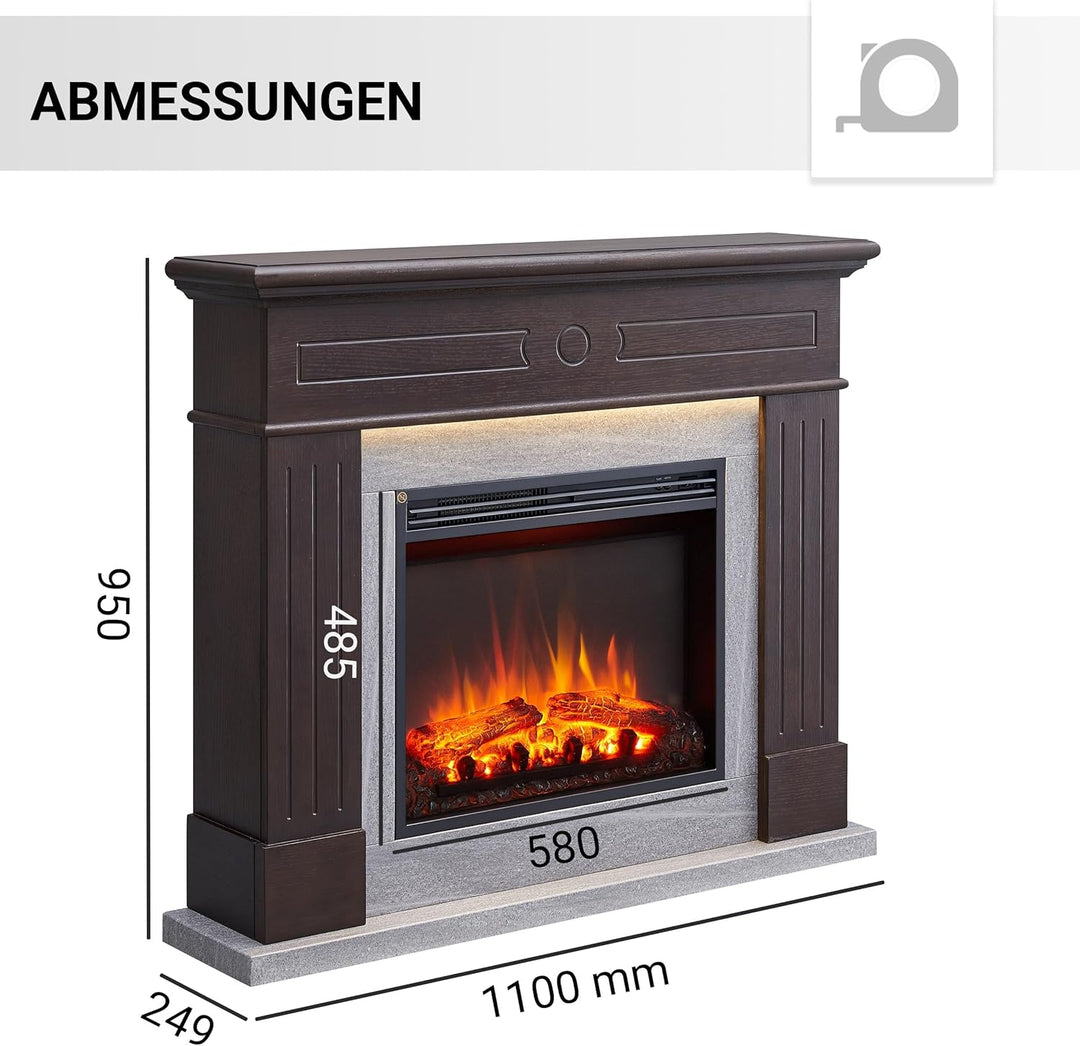 CrownFlame Leandros Elektrokamin - Elektrischer Standkamin mit Heizung 1000/2000 W, realistischer 3D