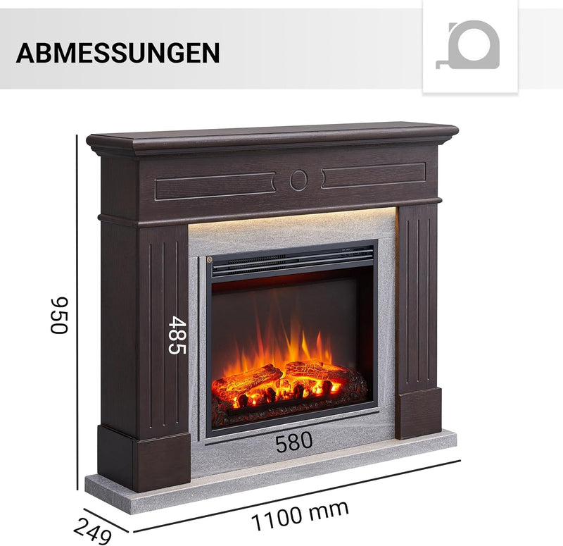 CrownFlame Leandros Elektrokamin - Elektrischer Standkamin mit Heizung 1000/2000 W, realistischer 3D