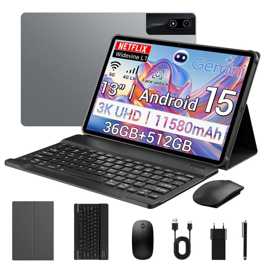 3K 13 Zoll Android 15 Tablet, 36GB RAM, 512GB ROM (erweiterbar auf 2TB), 4G LTE丨5G WLAN, 2940 x 1840