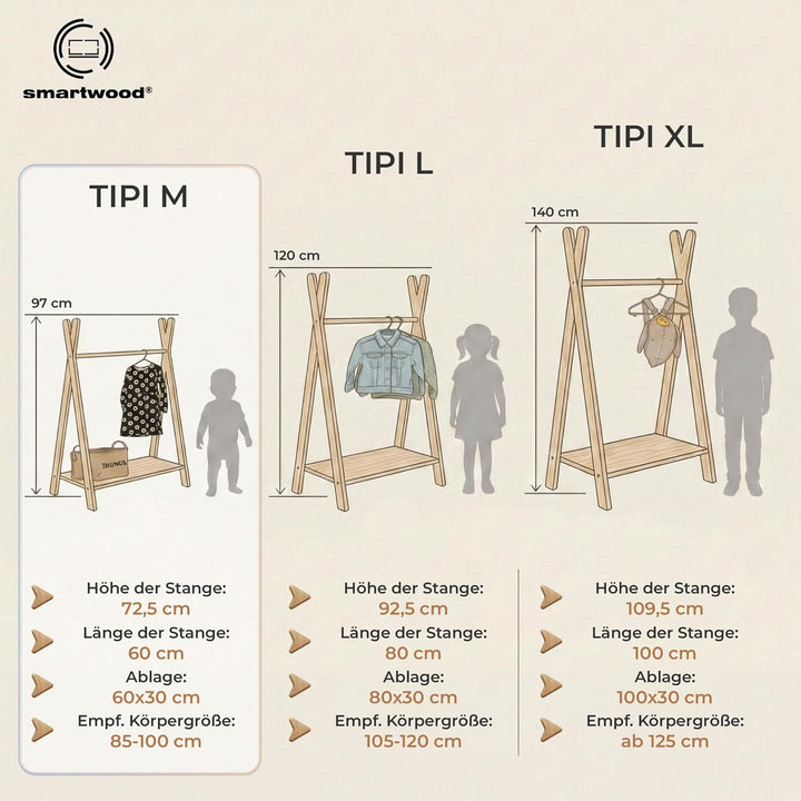 smartwood TIPI M - Kleiderständer für Kinder, Montessori Kindergarderobe mit Ablage - 3 Grössen, Nat