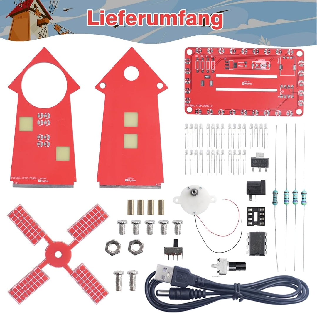 LED Windmühle Löt Bausatz, ElektoLoter DIY Windmill Elektronik Baukasten mit Einstellbare Drehzahl,
