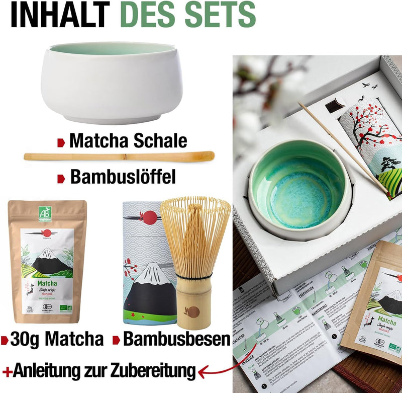 Origeens MATCHA TEE SET mit Matcha Besen, Matcha Schale aus Keramik, BIO Matcha Tee aus Japan | Hand