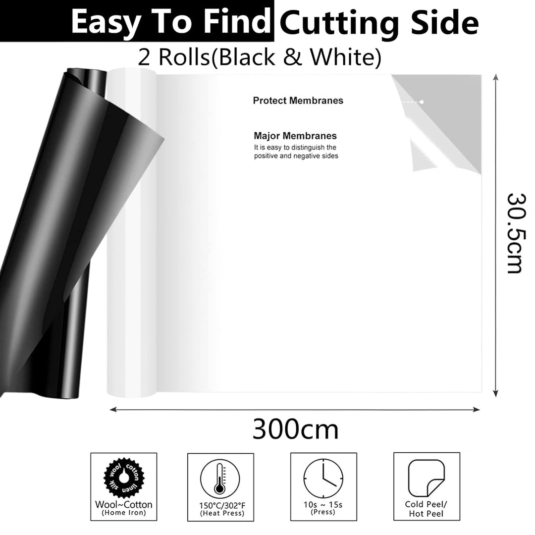 Bocguy [3M + 3M] Plotterfolie Textil Schwarz & Weiss, 2 Rollen 30.5CM x 3M Textilfolie Plotter, Plot