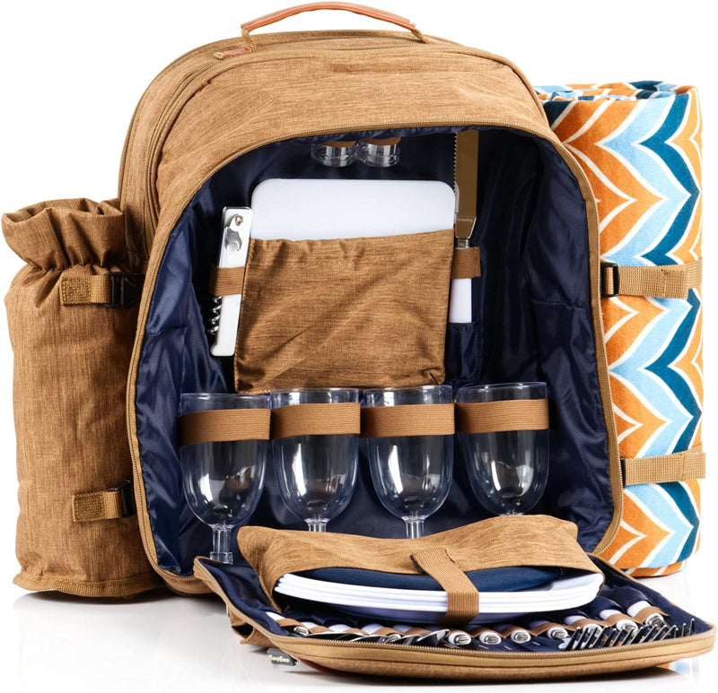 CampFeuer Picknickrucksack für 4 Personen | braun | Picknickset 32-teilig | inkl. Flaschenhalter und