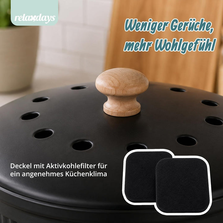 Relaxdays Komposteimer Küche, 5,6 Liter, 2 Aktivkohlefilter, schwarz | Deckel, Bambus-Henkel, Polyre