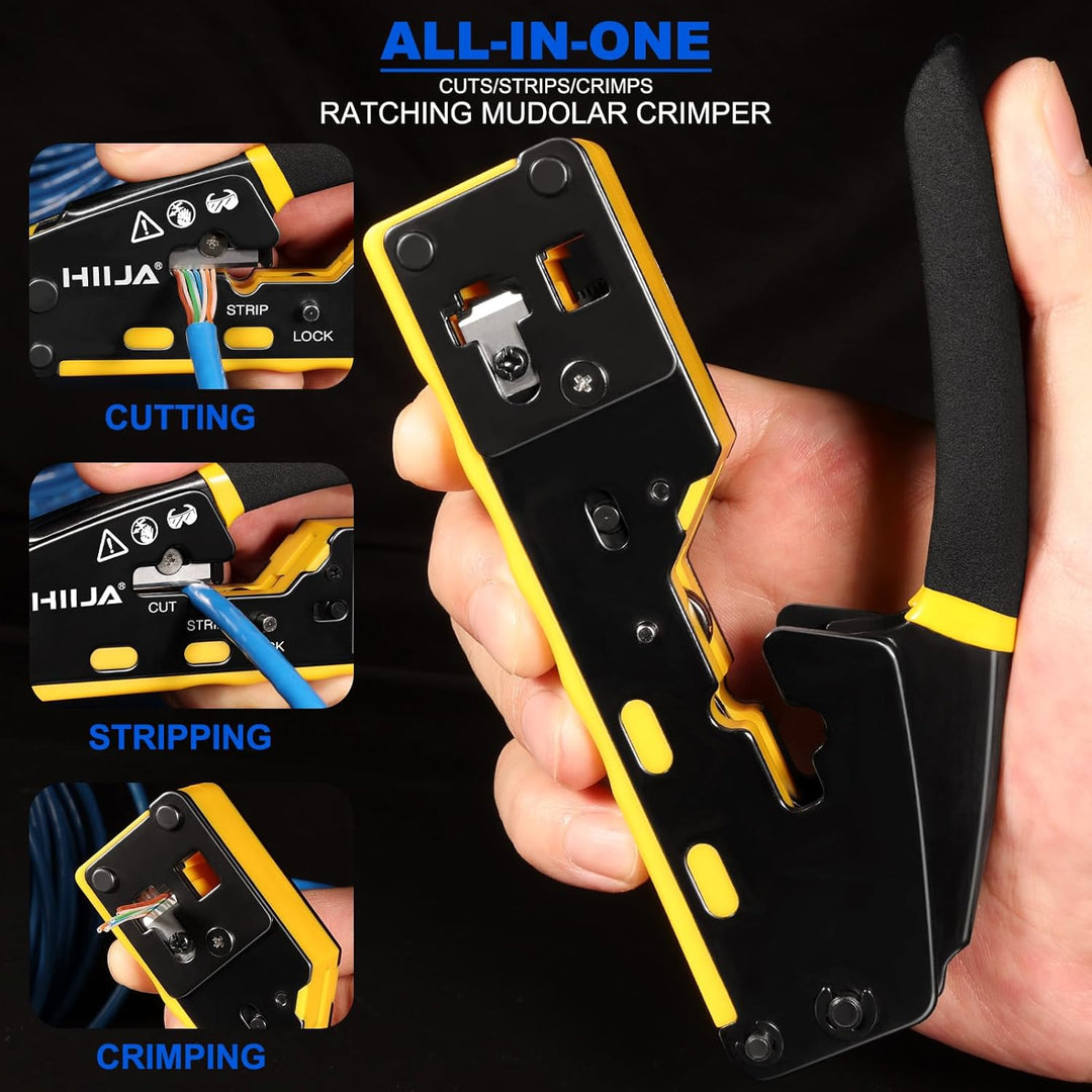 Hiija Crimpzange RJ45 - RJ45 Crimpwerkzeug Set, Cat5 Cat5e Cat6 Crimpzange für RJ11/12 6P/8P, 50 Stü