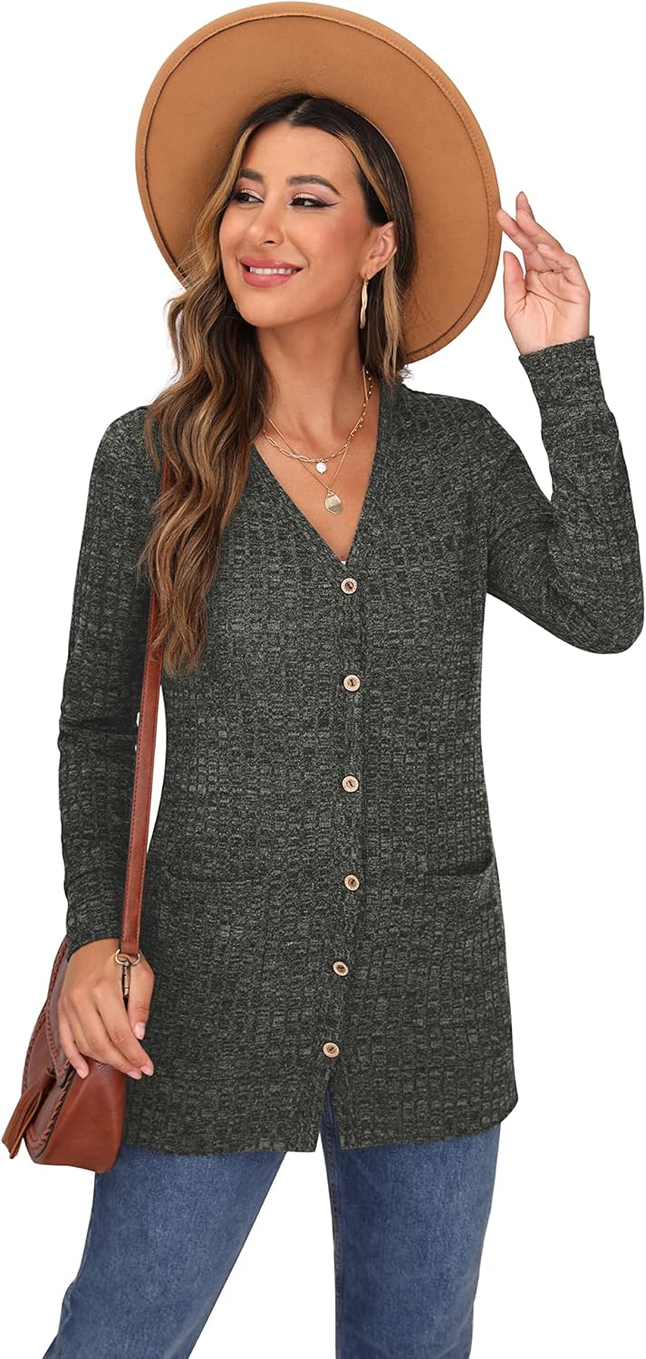 GRECERELLE Damen Leichte Strickjacke Lang mit Taschen und Knöpfen Long Elegant Cardigan V-Ausschnitt