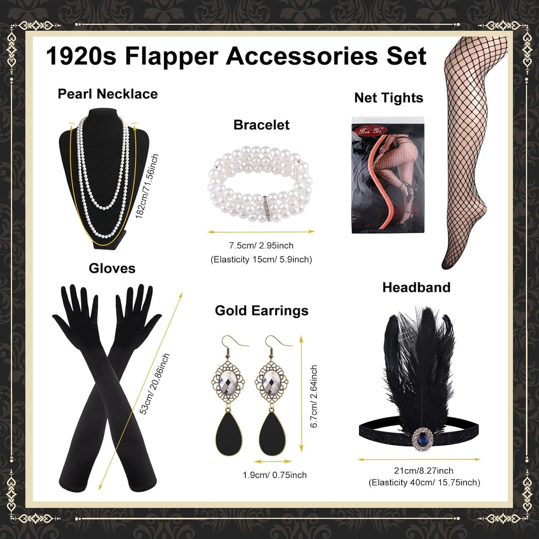 PLULON 1920er-Jahre-Flapperkleid mit Pailletten, Perlen und Fransen, Set mit 20er-Jahre-Accessoires