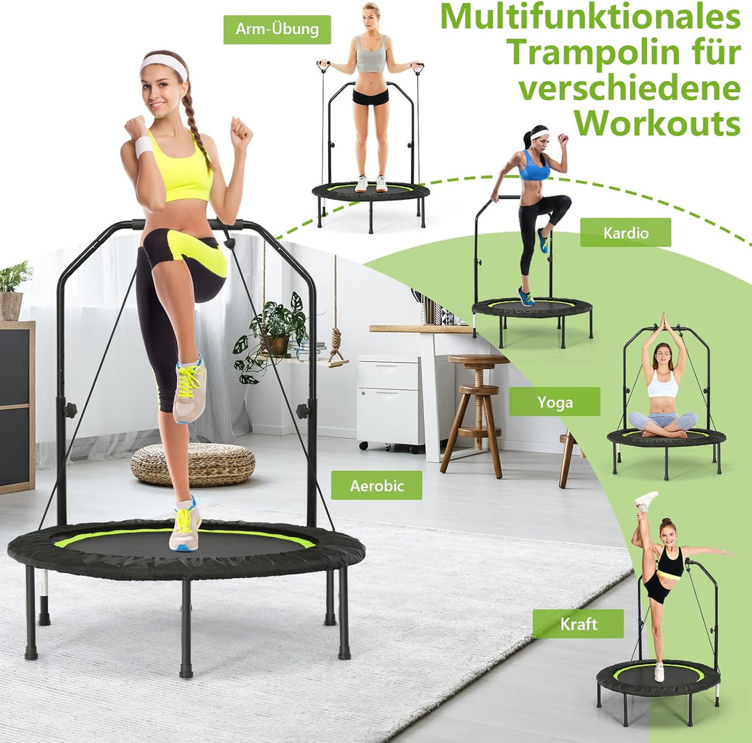 GOPLUS Fitnesstrampolin Indoor, φ101cm Mini Trampolin mit verstellbarem Griff, Bodentrampolin klappb