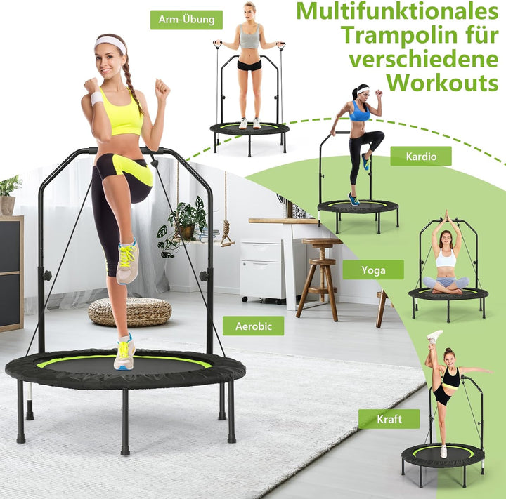 GOPLUS Fitnesstrampolin Indoor, φ101cm Mini Trampolin mit verstellbarem Griff, Bodentrampolin klappb
