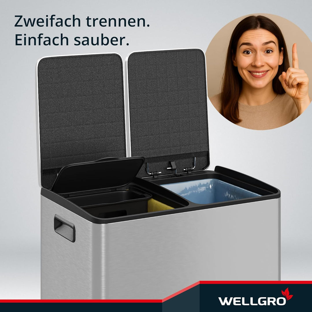 WELLGRO Treteimer, Mülleimer, Edelstahl Tretmülleimer mit 2 x 30 Liter, klappbaren Fusspedalen, Abse