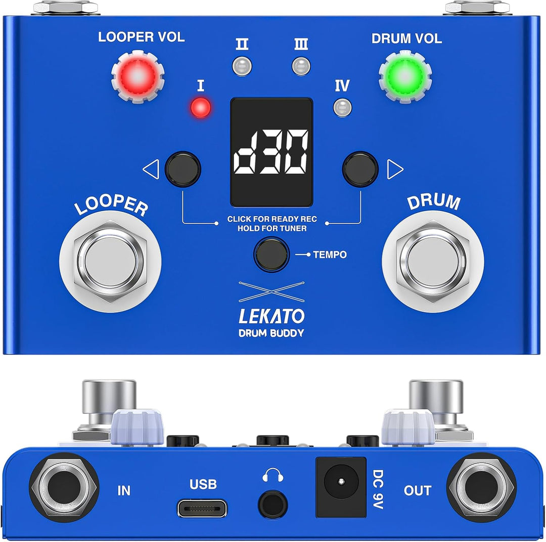 LEKATO Drum Looper Pedal mit Stimmgerät, 4 Loops, 11 Minuten Loop Pedal mit Drumcomputer 30 Trommeln