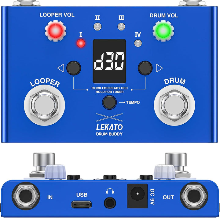 LEKATO Drum Looper Pedal mit Stimmgerät, 4 Loops, 11 Minuten Loop Pedal mit Drumcomputer 30 Trommeln