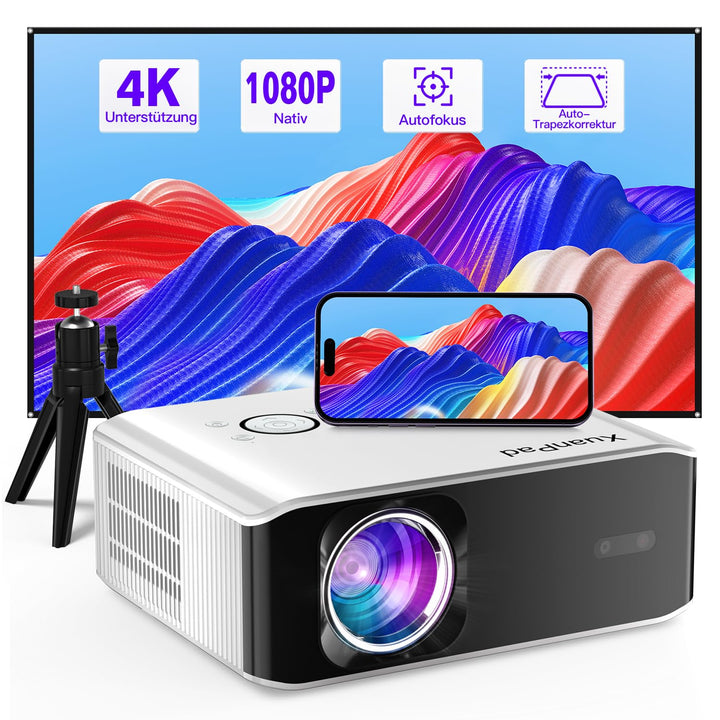 [Autofokus/Trapezkorrektu] Beamer 4K unterstützt, XuanPad Nativer 1080P 6G WiFi Bluetooth Beamer, 30