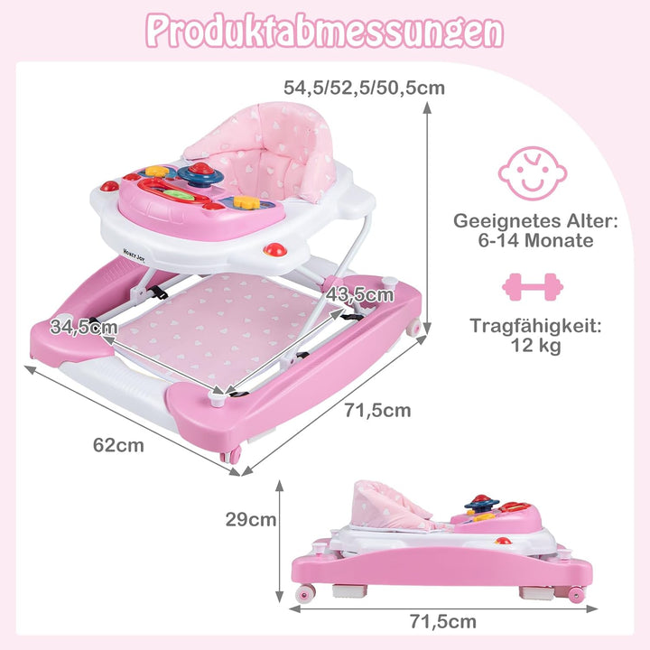 DREAMADE 6-in-1 Lauflernhilfe, Höhenverstellbar Baby Walker mit Musik & Abnehmbarem Sitz, Lauflernwa