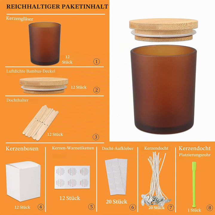 MILIVIXAY 12 Stück 340 g Milchbernsteinfarbene Kerzengläser mit Deckel und Kerzenherstellungs-Sets –