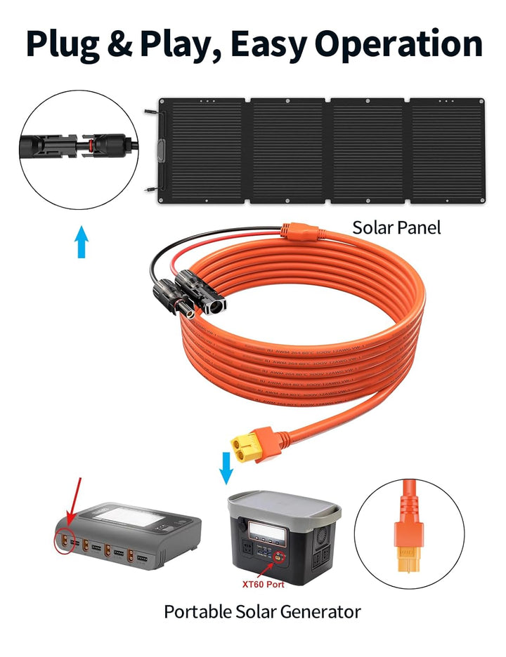 Solarstecker auf XT60 Stecker 5 Meter Solarpanel Kabel, Solarladekabel Solarkabel, 12AWG Kompatibel