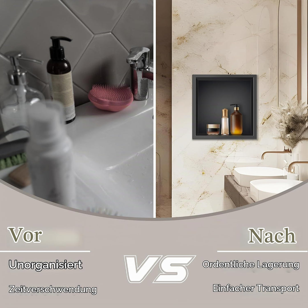 FTL Wandnische Dusche Schwarz Matt 30 x 30 x 10cm,Edelstahl Duschnische,Keine Fliesen Erforderlich E