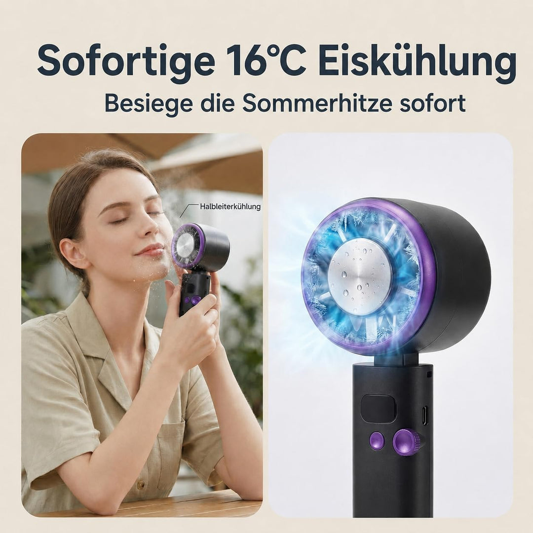 Handventilator mit Kuehlung, Mini Ventilator Akku Aufladbar mit 100-Speed Turbo Wind &amp; LED Display,