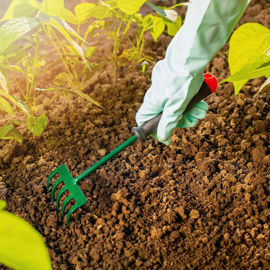 KADAX Rechen, kleine Harke mit Stiel, Laubbesen aus Metall, Laubrechen für Garten, Beet, Rasenrechen