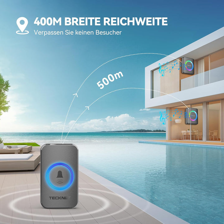 TECKNET Funkklingel, Kabellose Türklingel Funk Set 500m Reichweite, IP65 Aussen Wasserdicht Haustür
