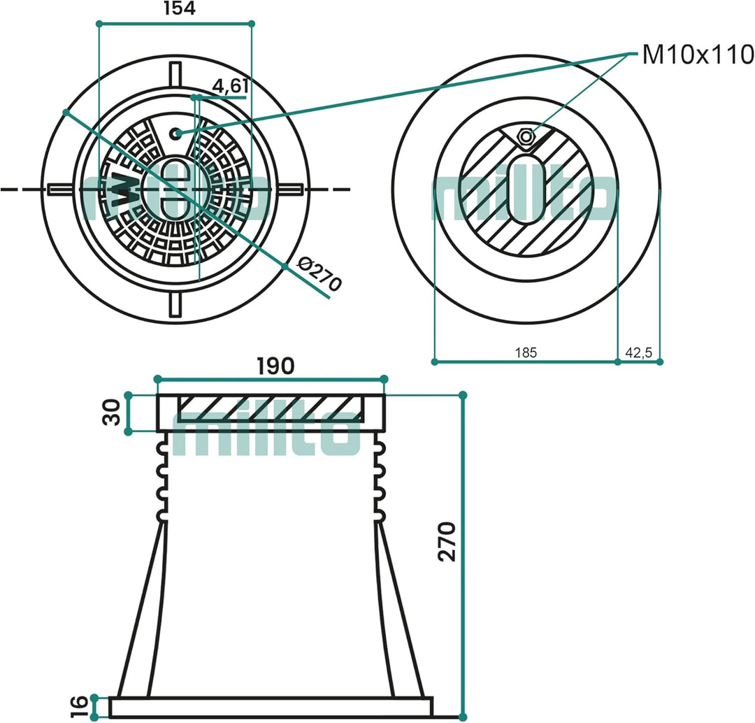 Millto™ Revisionsschacht aus Gusseisen mit Metallabdeckung, Mannloch rund 160 mm 270 mm Schwarz