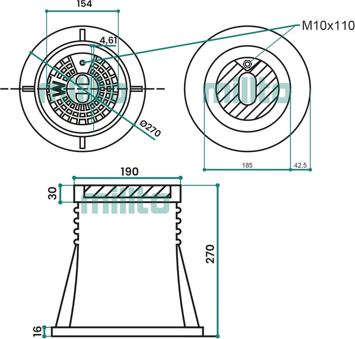 Millto™ Revisionsschacht aus Gusseisen mit Metallabdeckung, Mannloch rund 160 mm 270 mm Schwarz