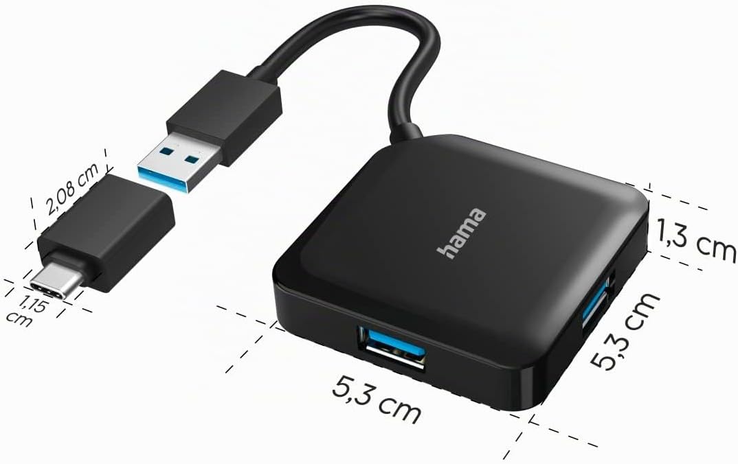 Hama 4-Port USB 3.2 Gen1 Hub (4in1 Verteiler mit 4 Anschlüssen und USB C Adapter, 5 Gbit/s) | USB-Hu