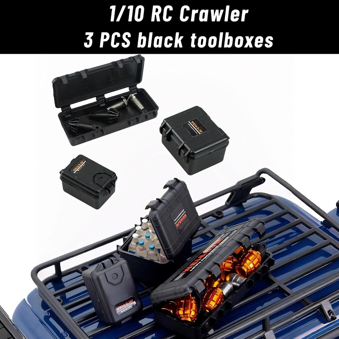 RC Crawler Zubehör, 1/10 Truck Dachträger Rc Zubehör Set 9 in 1 Tankaufbewahrungsbox, Gepäcknetz, Sc