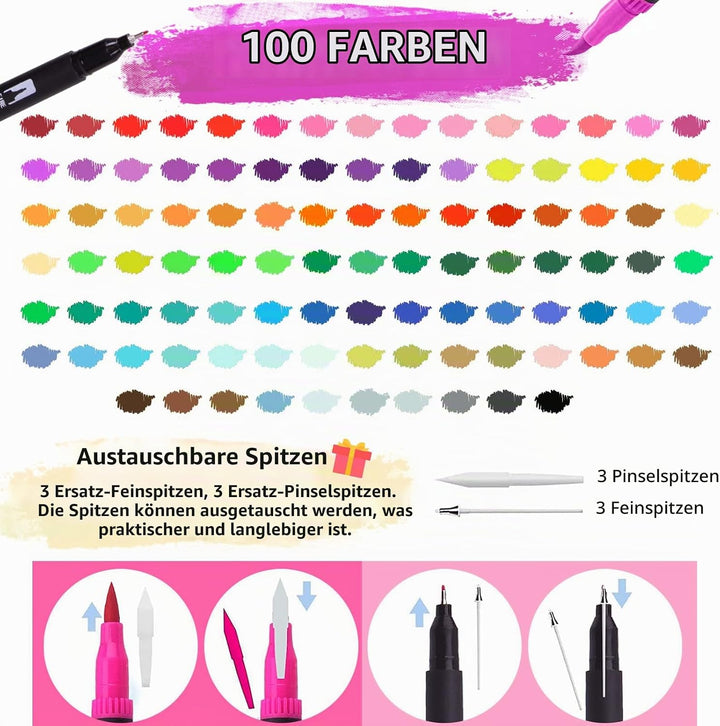 FORETOY Dual Brush Pen Set, 100 Farben Filzstifte Dicke und Dünne Pinselstifte Für Kinder Erwachsene